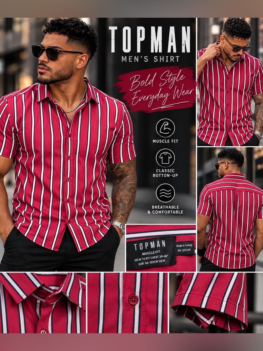 Topman Magenta & White Vertical Stripe Short-Sleeve Button-Up Shirt size Med